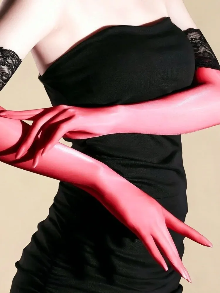 Ultrathin Five Finger Gloves High Elastic Oil Shiny Glossy Lace Patchwork Long Gloves Women Driving Nightclub Party Gloves