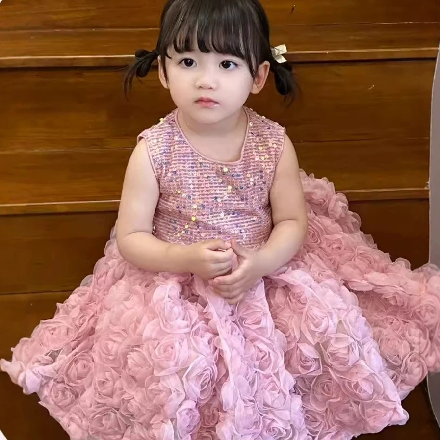 Summer Girl's Dress Three-dimensional Rose Birthday Party Sweet Fluffy Princess Dress One Year Old Dress