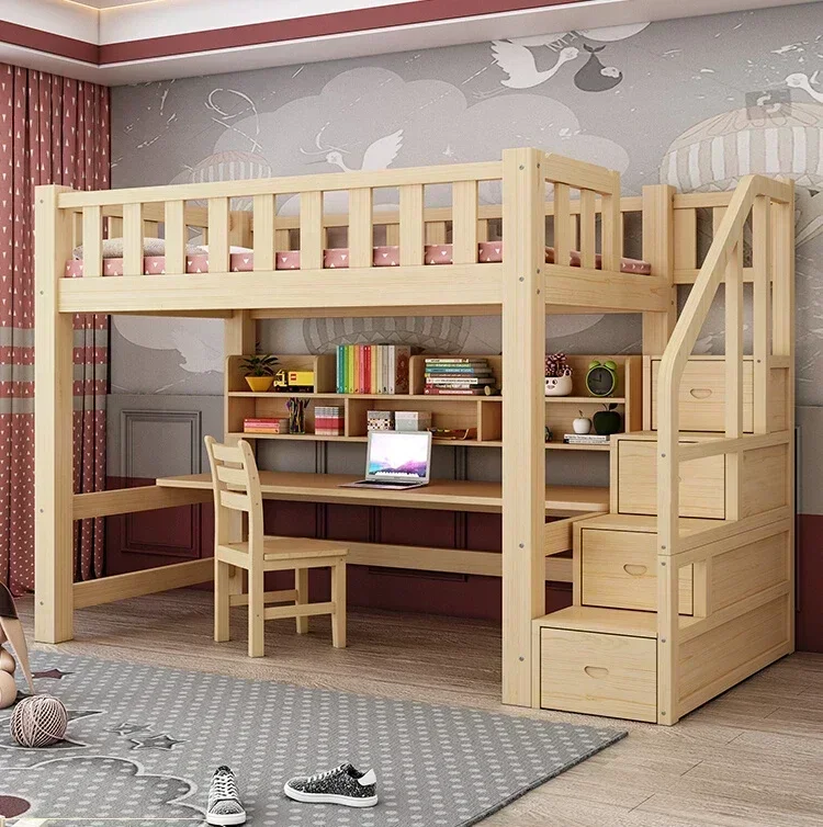 Letto rialzato in legno massello pieno, letto e tavolo, letti superiori e inferiori per bambini, combinati con una scrivania, dormitorio per adulti