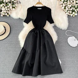 Le donne coreane vestono o-collo manica corta maglia vita sottile Robe Femme elegante moda Vestidos De Mujer estate Vintage Maxi abiti