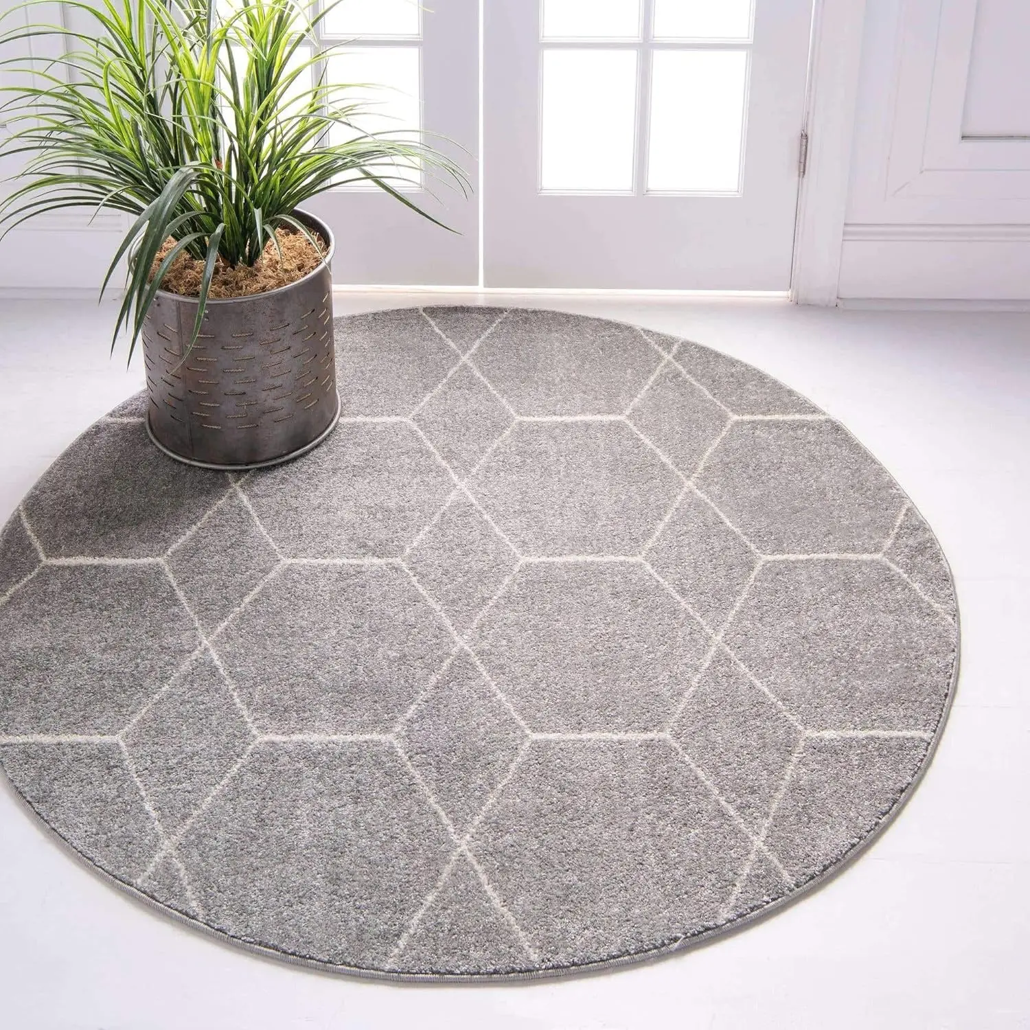 Geometric Round Area Rug – Modern Trellis Pattern Non-Slip Washable Carpet for Living Room Bedroom Decor