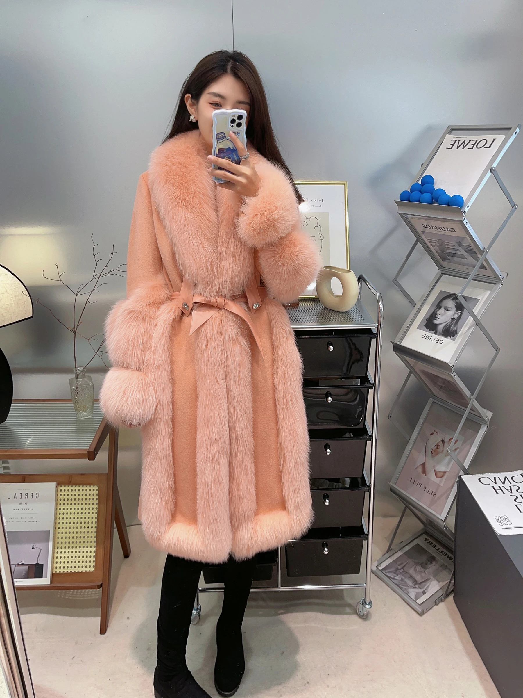 2023 New Winter Women Natural Real Fox Fur Collar Goose Down Jacket Thick Warm Wool Coat Detachable Belt Luxury Jackets