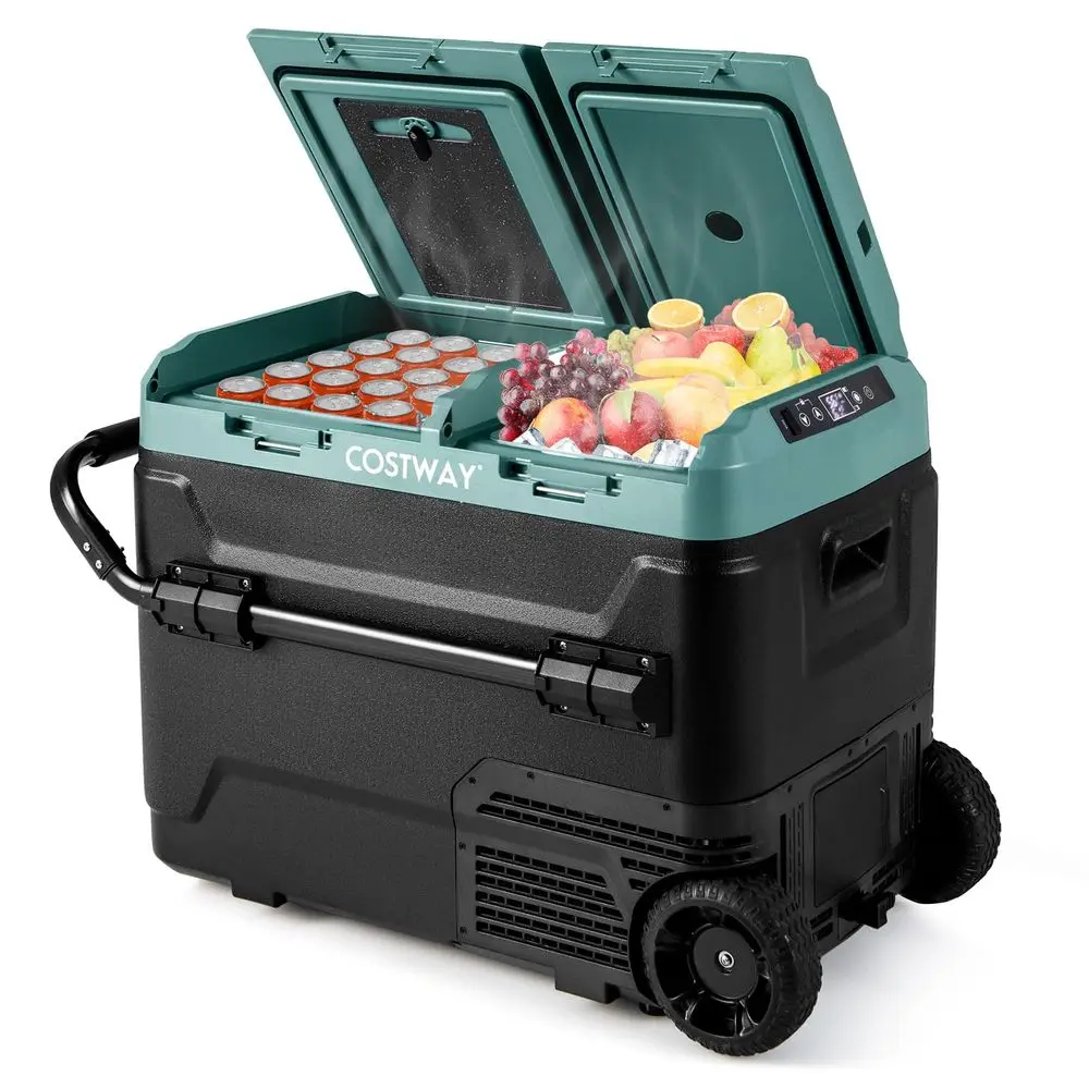 

Car Refrigerator with Wheels, 53Quart DualZone DualTemperature Electric Cooler, 12V 24V DC, 100240V AC, 4F to 68F, Portable Car