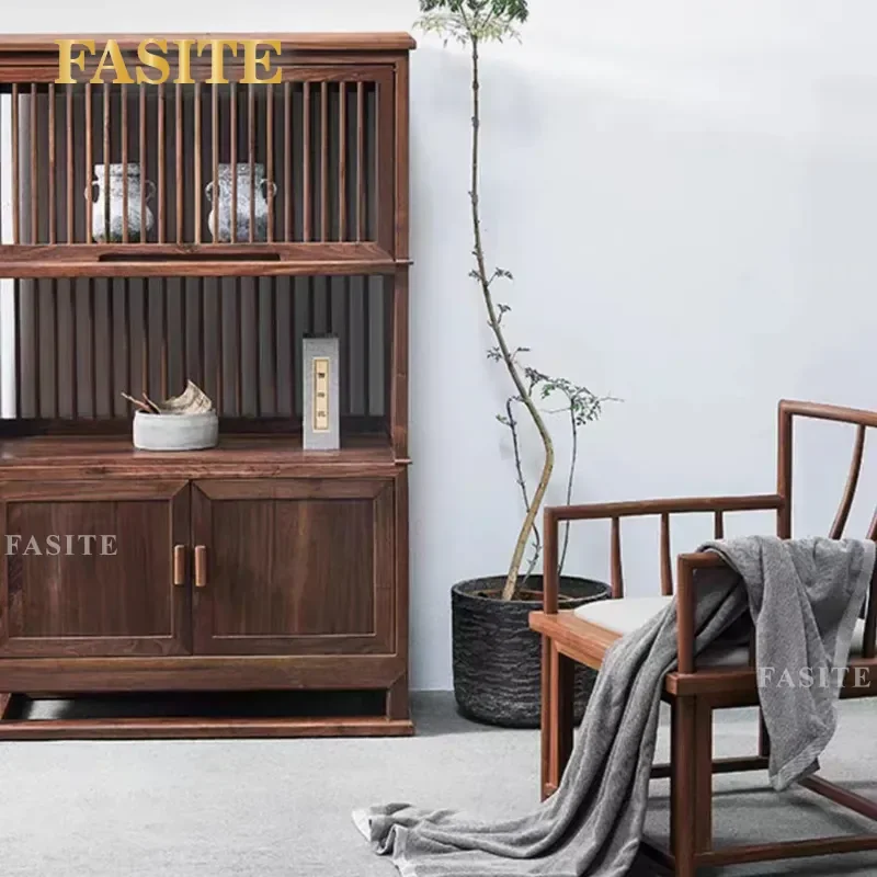for Black Walnut Tea Cabinet New Chinese Style All Solid Wood Bookcase Shelf Tea Room Modern Simple Display Cabinet Side