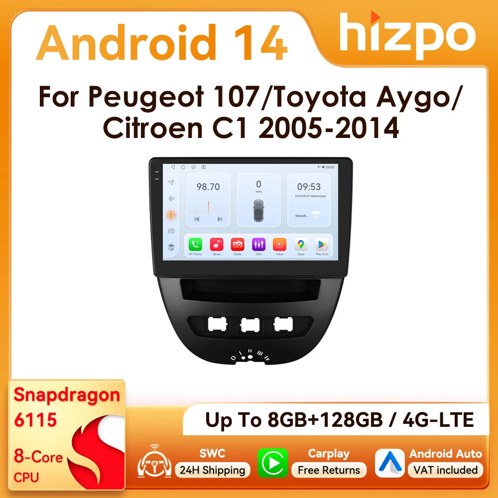 Autoradio Android Hizpo 2Din 10,1 pouces pour Peugeot 107 Citroën C1 2005 - 2014 CarPlay sans fil 4G BT RDS DSP SWC Navigation GPS 360 °   Appareil photo