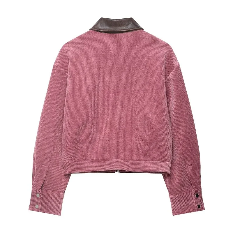 Women's Spring New Corduroy Jacket, Leather Splicing Turn-Down Collar, Casual Zip-Up Coat with Pockets, Perfect for Daily