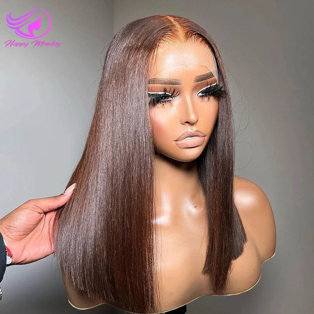 

180% Color #4 Dark Brown Bob Wigs Straight 13x4 Lace Front Wig Free Part 8-16 Indian Human Hair Pre-plucked For Woman