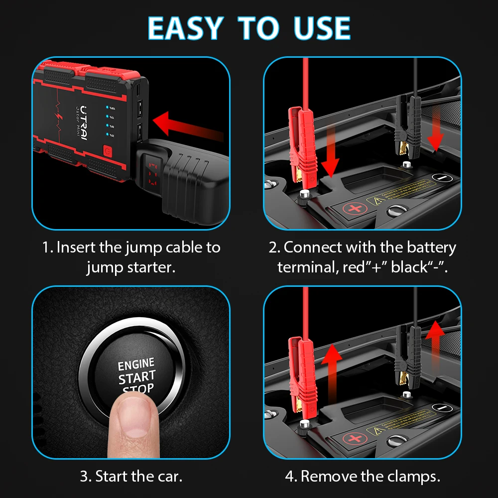 Utrai Jump Starter Car Battery Booster 1000A Peak Current Auto Emergency Tools With LED Smart Clamp Vehicle Starting Device OEM