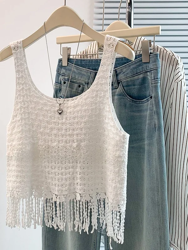 Knitted Wrap Vest Women's Layering Summer plus Size Fluffy Design Tassel Hollow out Top Outerwear Cover up Casual Style