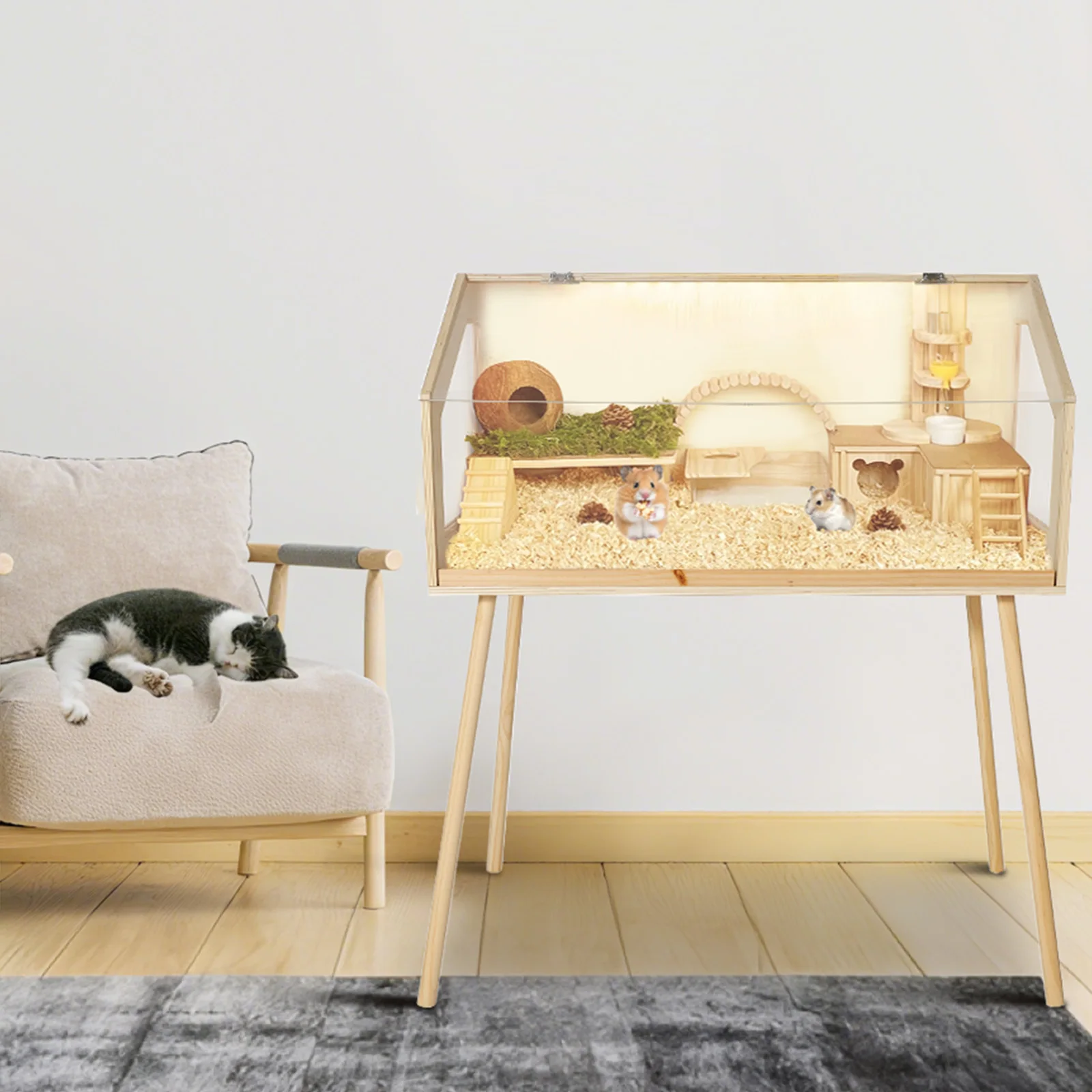 Wooden Hamster Cage with Legs - Nastproof Small Animal Cage with Acrylic Window, Hinged Lid, Ventilated & Easy to Clean