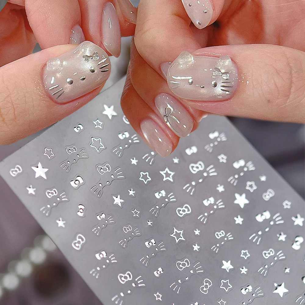 1 قطعة-5D نجمة فضية مرحبا كيتي ملصقات الأظافر y2k مرحبا كيتي القط الوجه الانحناء مسمار الشارات الكتابة على الجدران هريرة Kawaii مانيكير لوازم #5