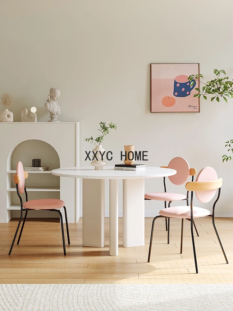 

Cream Style round Dining Table Terrazzo Acrylic Marble round Table and Chair Combination