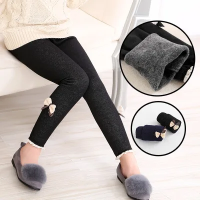 New Autumn Winter Girls Jean Pants Warm Children Leggings Thicken Velvet Bowknot Kids Trousers Baby Girl Pants Icing Leggings