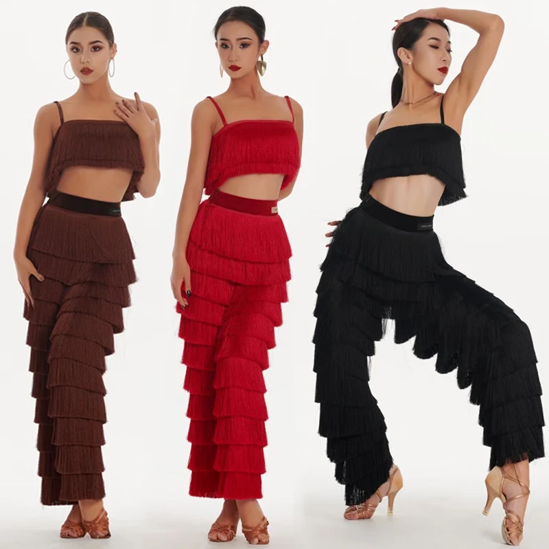 New Latin Dance Costume Women Adult Rumba Cha Cha Dance Performance Suit Competition Clothing Tassel Tops Fringe Pants DNV18200