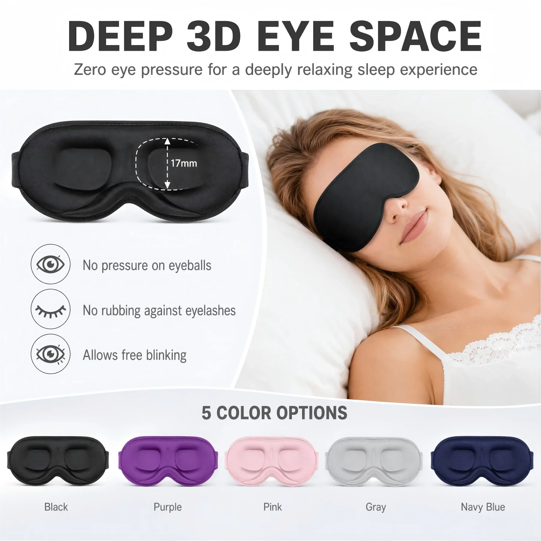 3D Memory Foam Sleep Mask for Side Sleepers Deep Eye Cups Adjustable Strap Light Blocking Eye Mask for Men Women Home Travel Nap
