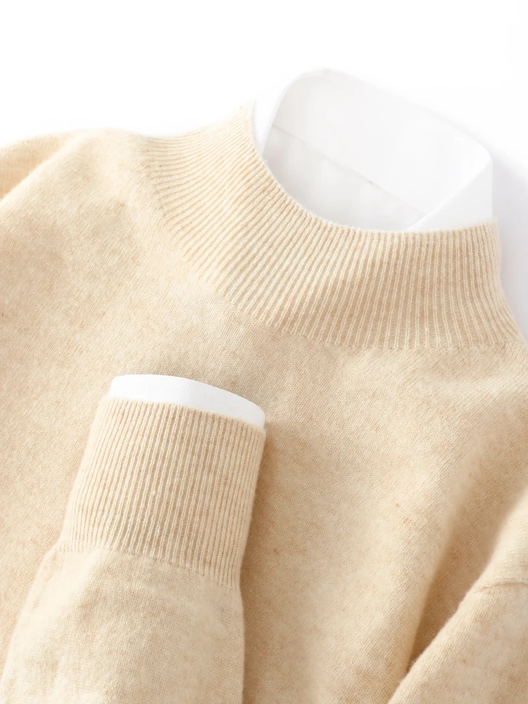 Men Mock-Neck Long Sleeve Cashmere Pullovers 100% Merino Wool Sweater Basic Soft Knitwear Spring Winter Men Clothing Top