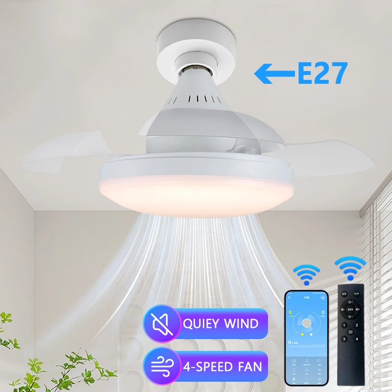 

E27 Socket Small Ceiling Fan Multifunctional Ceiling Light Remote Control Silent Invisible Fan Blade Living Room Office Study