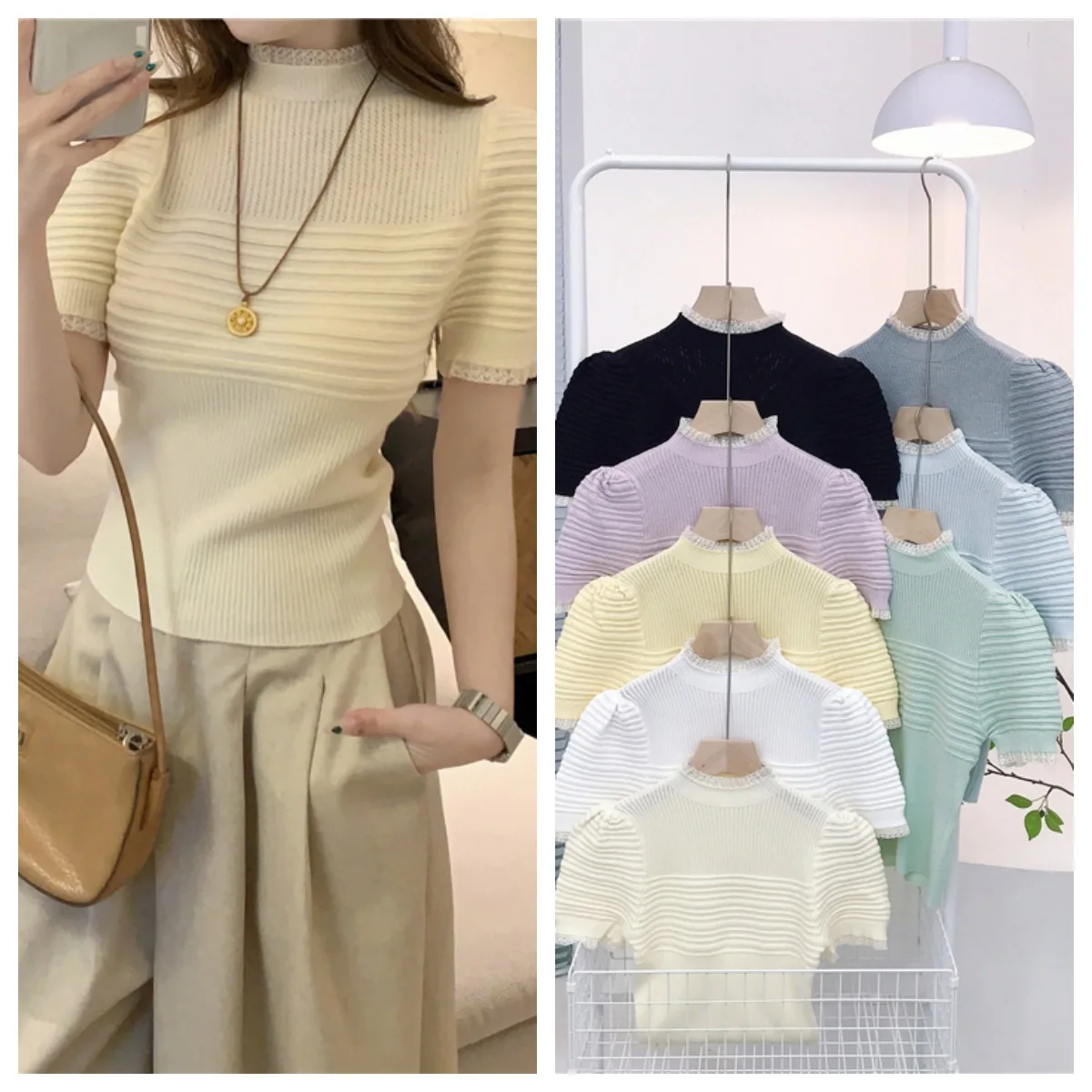 8047 Koronkowa Bluzka Letnia Nowa w Stylu Hong Kongu z Półgolfem, Bufiastymi Rękawami, Wycięciami i Efektem Wyszczuplającym w Talii, Dzianinowa z Krótkim Rękawem