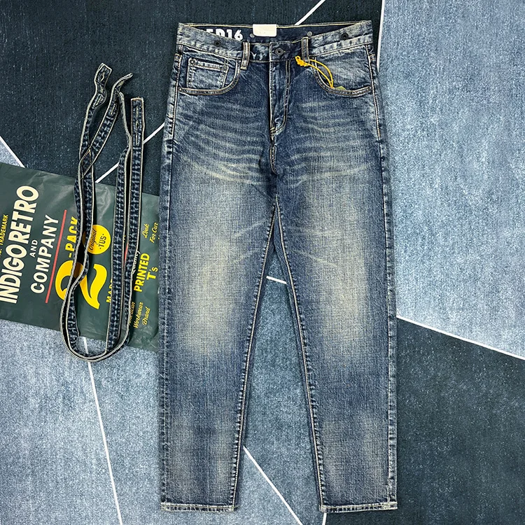 Jeans para homens, calças retas, calças jeans lavadas, 100% algodão, selvedge azul, vintage, 4 estações, 14 onças