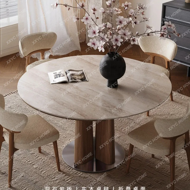 

XX Fangyuan dual-purpose travertine rock slab dining table household folding variable round table medium antique dining table