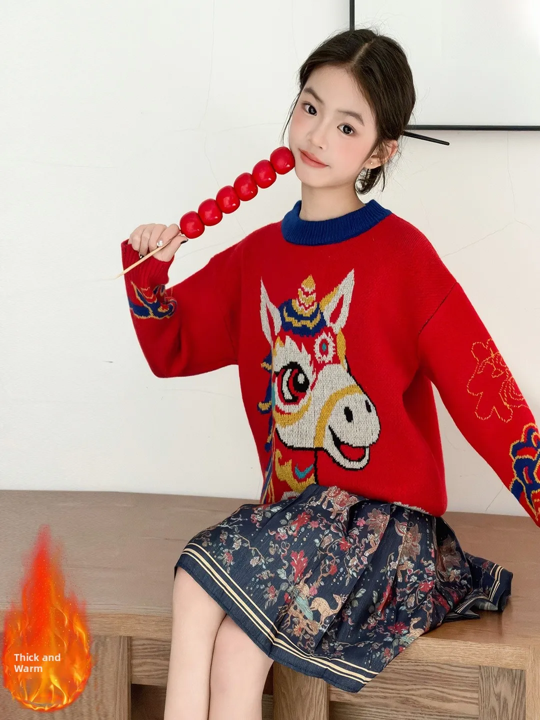 

Утепленный зимний вязаный свитер для девочек, красный, новая модная коллекция 2025 года, комплект для девочек на зиму, осень, весну