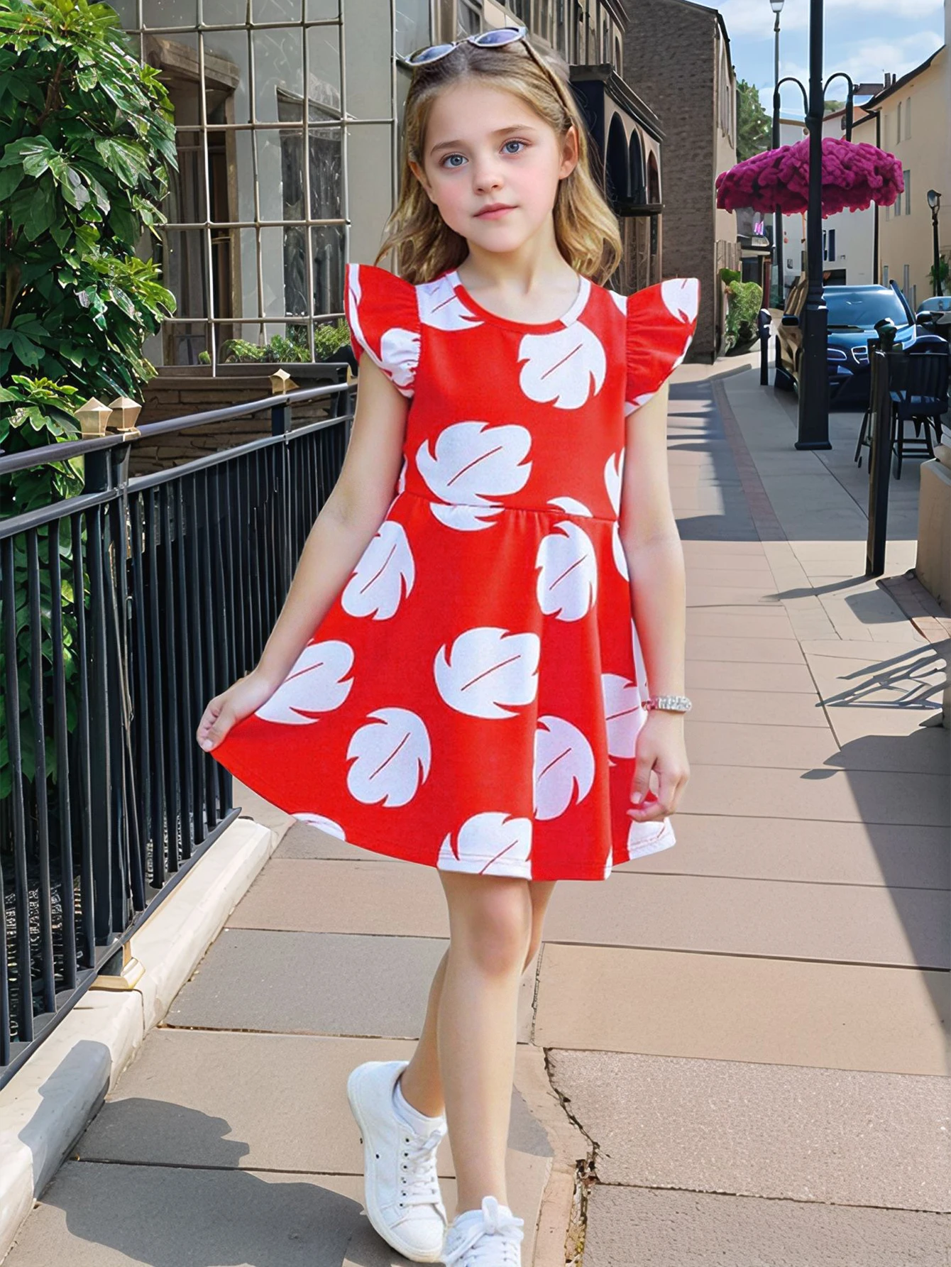 Children's Hawaiian-Style Leaf Dress, Girls' Little Flutter-Sleeve Princess Dress, Versatile Red Dress for Summer Outings/Birthday Parties