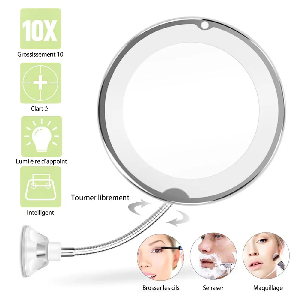 10x Magnifying Makeup Mirror Flexible Gooseneck Makeup Mirror with LED Light Portable Dressing Table Cosmetic Mirrors 360 Swivel