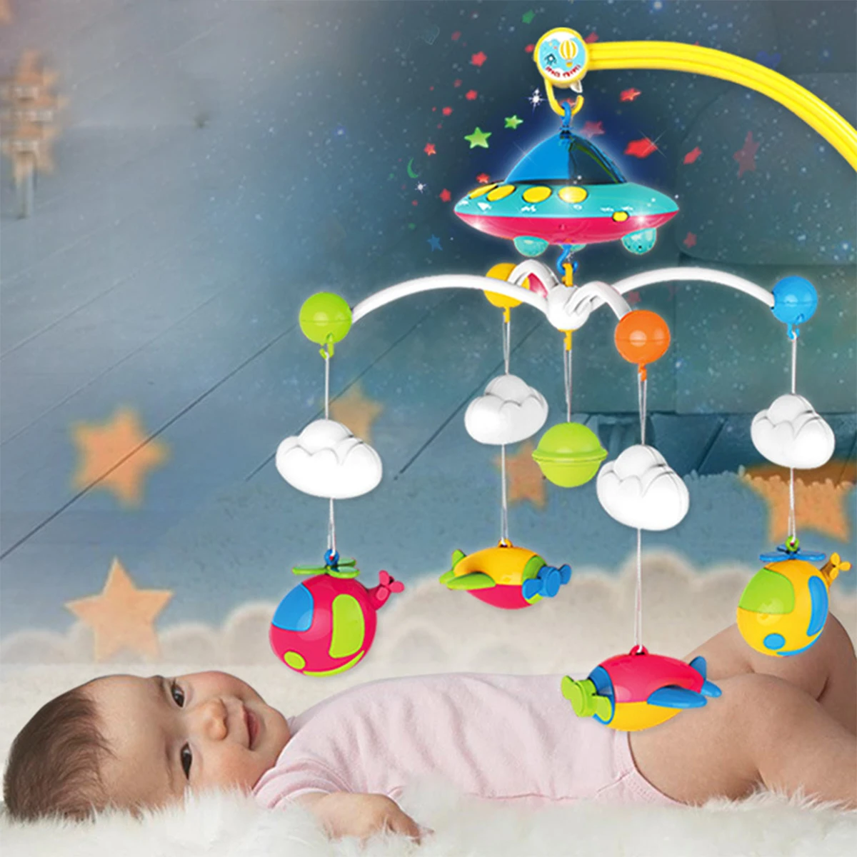 Hochet mobile CPull pour bébé, lumière, musique, espace, cloche de lit, projection, plein d\'étoiles, jouets pour tout-petits, cadeaux pour