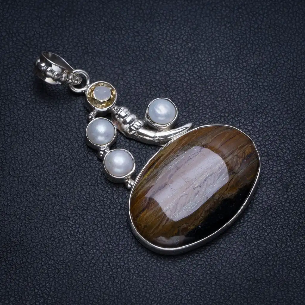 StarGems Iron Tiger Eye,River Pearl and Citrine Handmade Boho 925 Sterling Silver Pendant 2