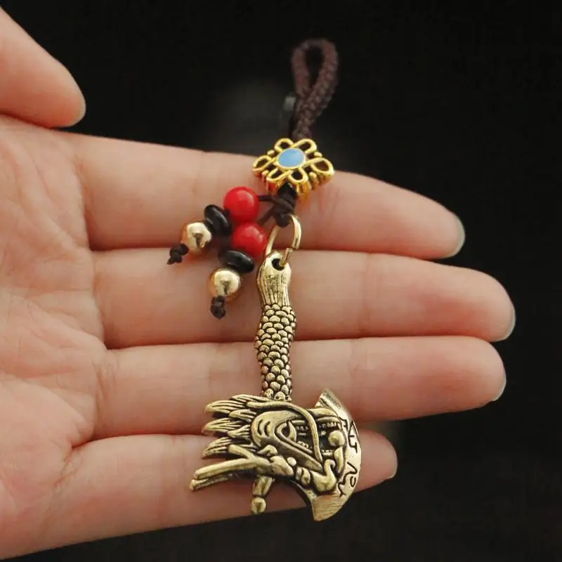 Punk-Messing-Drachenkopf-Axt-Schlüsselanhänger, Glücksbringer, Auto-Schlüsselring, handgefertigtes Seil, Vintage-Geschenk für Männer und Frauen – Detail 6