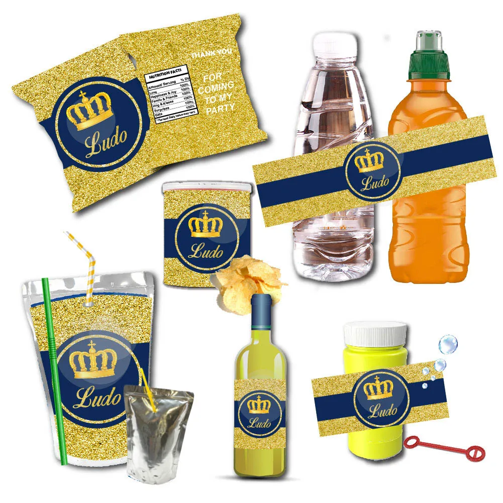 Custom Gold Crown Blue Boys Birthday Water Bottle Wine Labels Juice Pouch Stickers Chocolate Bar Wrapper Birthday Party Christma
