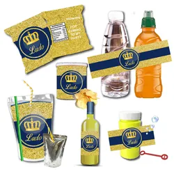 Custom Gold Crown Blue Boys Birthday Water Bottle Wine Labels Juice Pouch Stickers Chocolate Bar Wrapper Birthday Party Christma