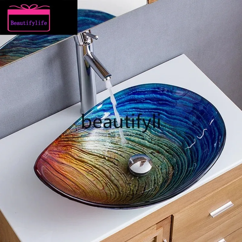 

YL Bathroom tempered gla wash basin Hotel creative art oval water drop platform basin B & B basin blue