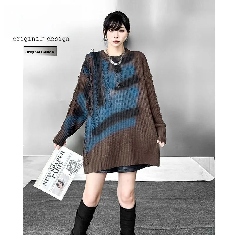 

Ретро-американский вязаный свитер с бахромой, свободная верхняя одежда, шерстяной трикотаж, уличный стиль, осенний теплый свитер с длинными рукавами