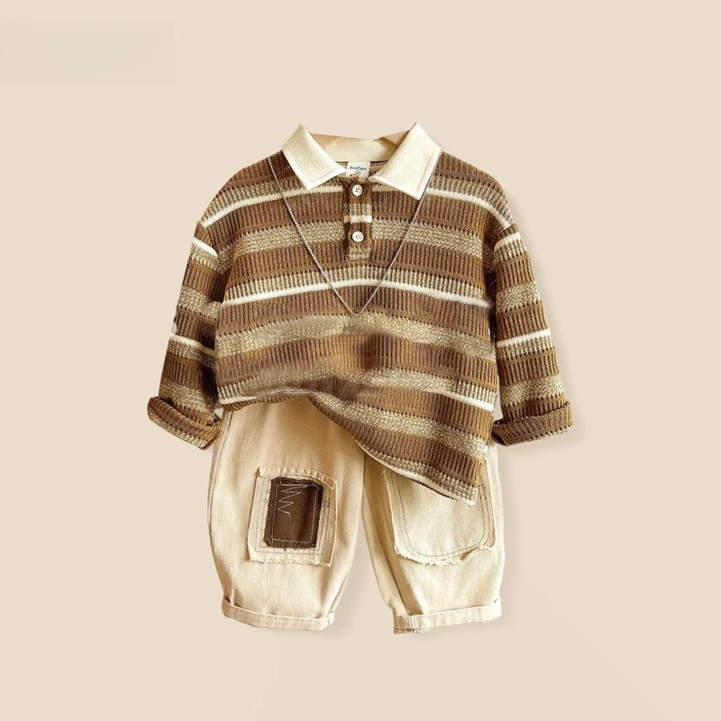 

Boys Autumn Polo Shirt Set 2025 New Korean Fashion Loose Top & Casual Pants Spring/Autumn Outfit for Toddlers & Kids