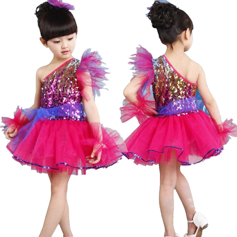 

Детские костюмы для латинских танцев для джазовых танцев, новый стиль, юбка с блестками для девочек, платье принцессы, сценический костюм-пачка, головной убор с цветком