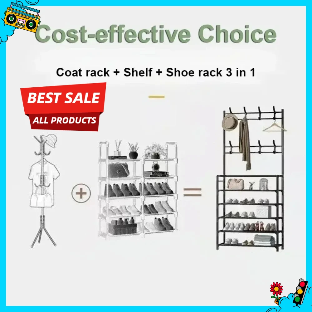 NEWTier Компактная полка для обуви с крючками, отдельно стоящий органайзер для обуви для прихожей, полка для хранения кроссовок, шапок и пальто