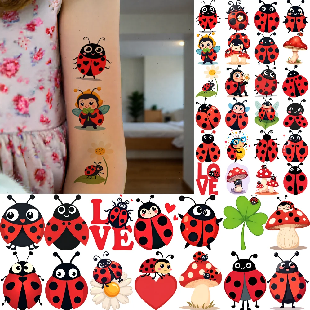 

63pcs Temporary Tattoo Shamrock Waterproof Long-lasting Body Stickers Ladybug Heart Cartoon Mushroom For