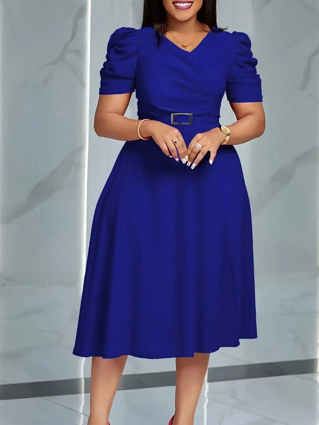 

Women's Royal Blue V-Neck Puff Sleeve A-Line Dress with Waist Belt