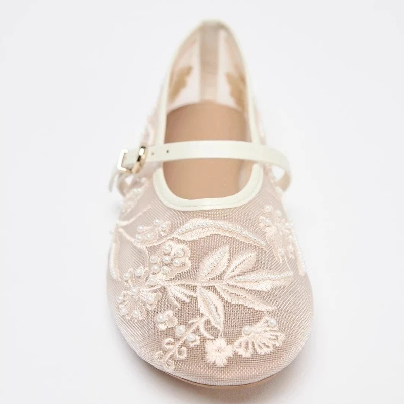 Embroidery Pearl Mesh Ballet Flats Women Fashion Hollow Round Toe Flat Sandals Elegant Comfortable Belt Buckle Mary Jane Shoes image 2