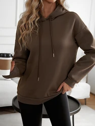 Women Casual Brown Loose Hoodies Autumn Winter Long Sleeve Hooded Sweatshirt Thick Simple Tops Lazy Style Pullover 2024 New