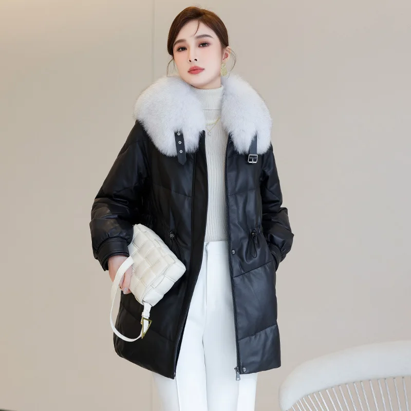 

Women's Leather Down Jacket, Medium Length, Loose, Long Fur Coat, The First Layer Sheepskin, Fox Fur Follar,