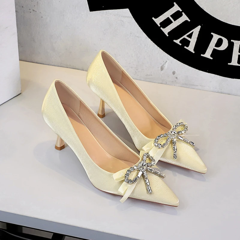 Women Festive Red Glitter Satin Pointed Pumps Full Rhinestone Bow Red Ribbon Thin Stiletto Elegant Chinese Wedding Bridal Evenin