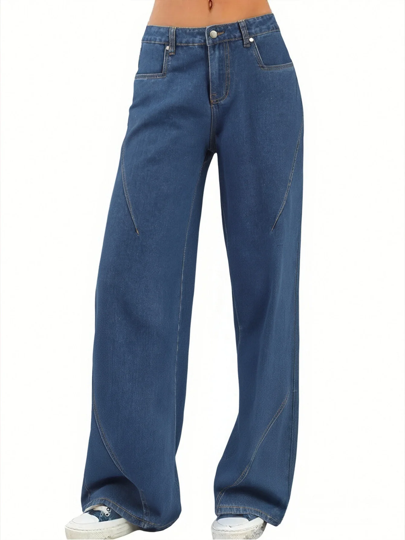 Jean en jean ample bleu foncé à jambes larges pour femme avec détails de couture