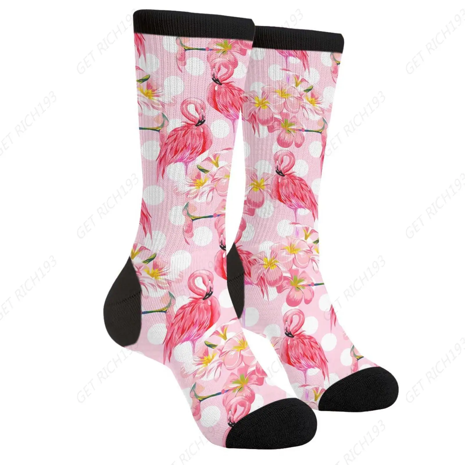 Pink Cute Flamingo Flower Novelty Fun Crew Socks Fashion Comfortable Men And Women Crazy Dress Socks One Size