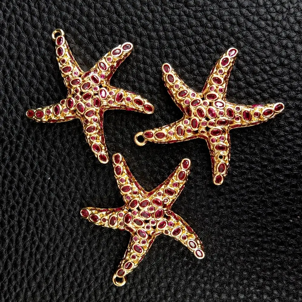 3 Pcs 40x40mm High Quality Brass Fuchsia Cubic Zirconia Sea Star Charms Pendant