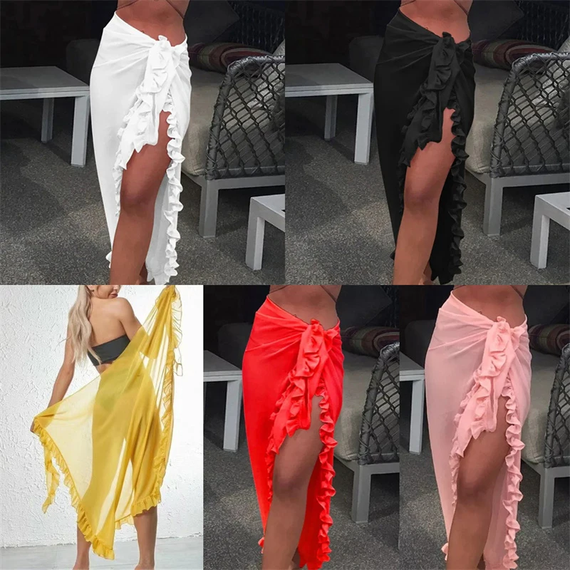 Women Chiffon See-Through Beach Bikini Cover Up Wrap Scarf Swimwear Pareo Sarong Dress Solid Ruffle Casual Beach Dress