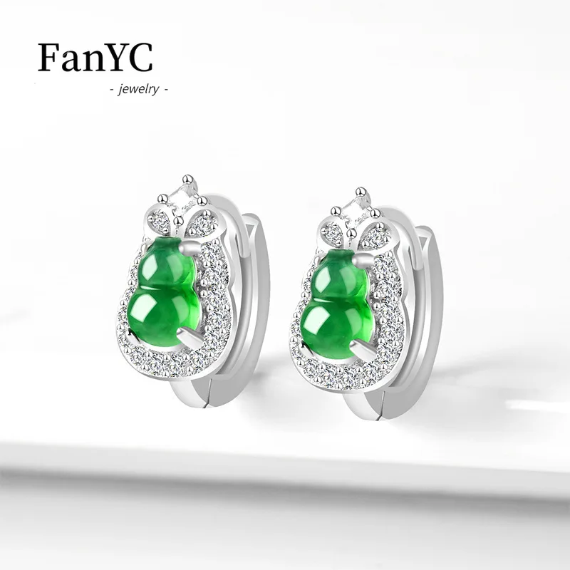 Myanmar A-goods Jadeite Gourd Ear Buckle S925 Silver Inlaid Hand-carved Fashion Luxury Ice Jade Earrings Ladies Gift