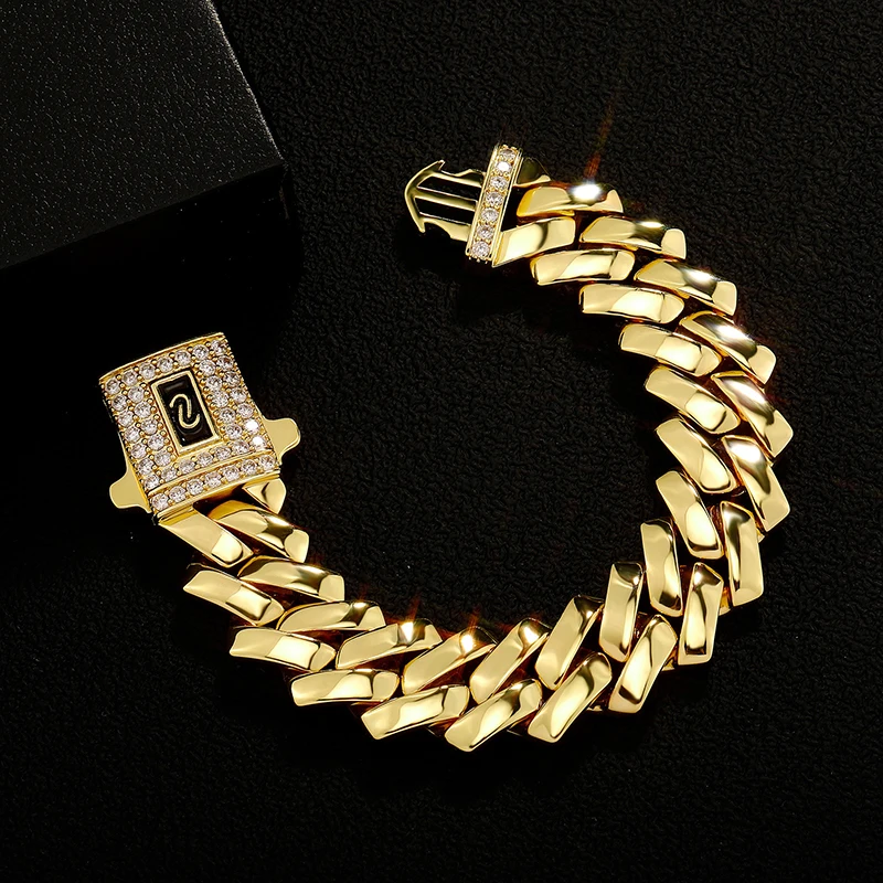 

Hip Hop 3A+ CZ Stone Plated Bling Iced Out 18mm Rhombus Cuban Miami Link Chain Bracelets for Men Rapper Jewelry Gift