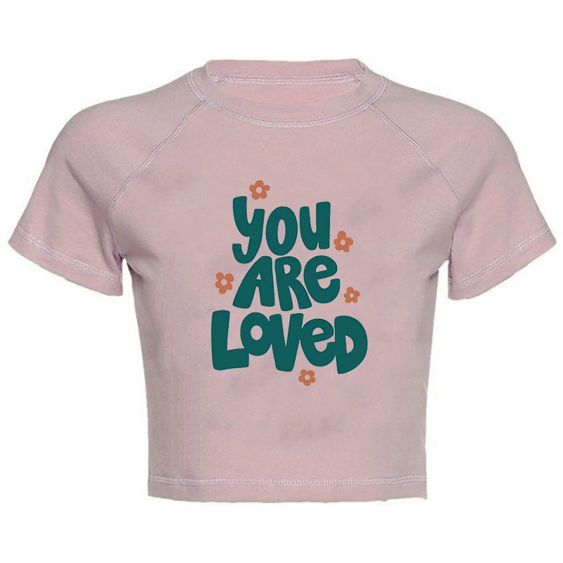 

Women's Personalized Letter Print Exposed Navel Sexy Top Round Neck Short Sleeve Slim Casual T-shirt, European and American, New